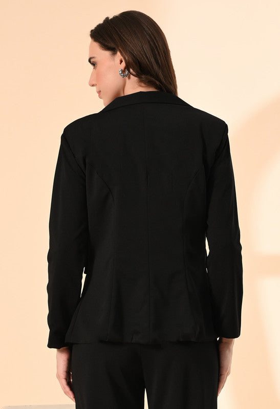 Black Solid Twill Blend Blazer with Cami