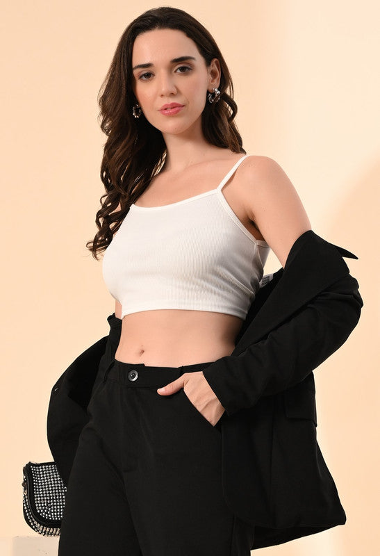 Black Solid Twill Blend Blazer with Cami