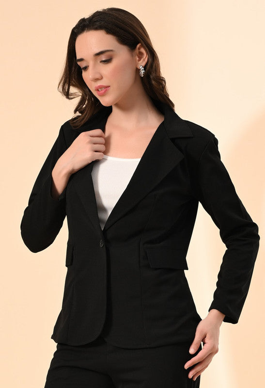 Black Solid Twill Blend Blazer with Cami