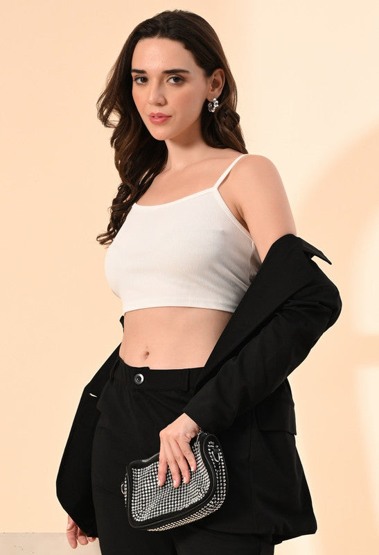 Black Solid Twill Blend Blazer with Cami