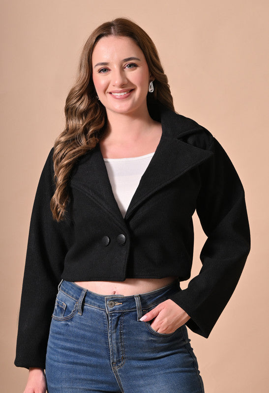 Crop Jacket with Lapel Collar Black