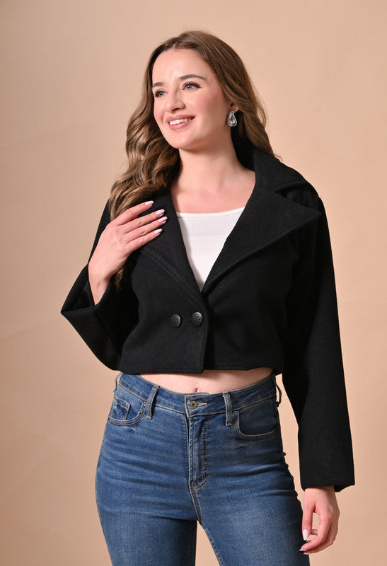 Crop Jacket with Lapel Collar Black