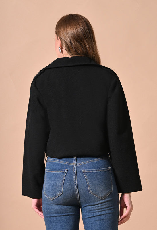 Crop Jacket with Lapel Collar Black