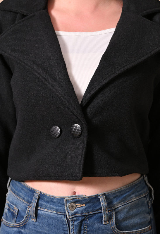 Crop Jacket with Lapel Collar Black