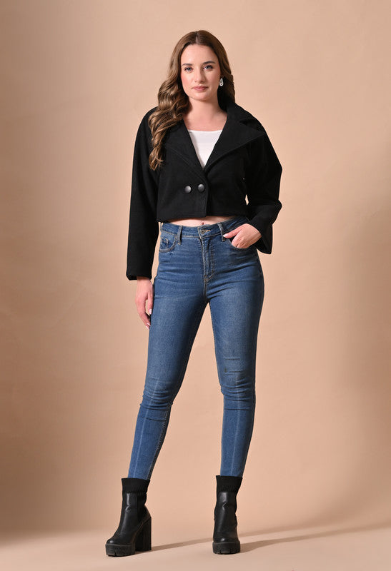 Crop Jacket with Lapel Collar Black