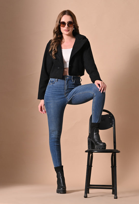 Crop Jacket with Lapel Collar Black