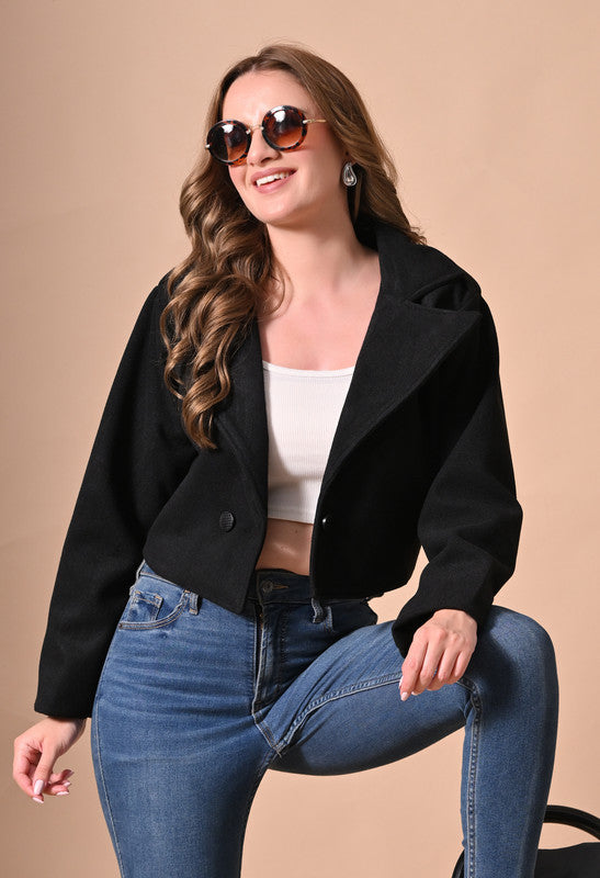 Crop Jacket with Lapel Collar Black