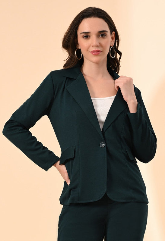 Green Solid Twill Blend Blazer with Cami