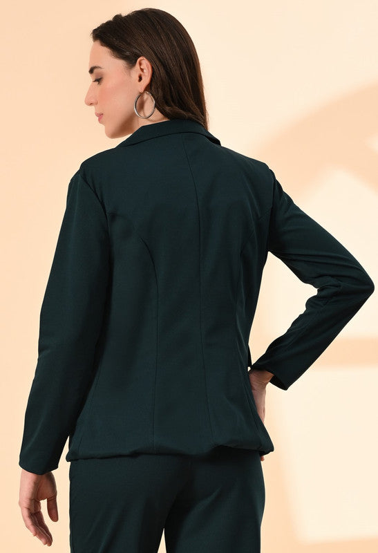 Green Solid Twill Blend Blazer with Cami