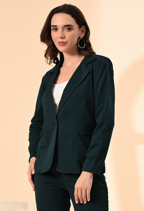 Green Solid Twill Blend Blazer with Cami