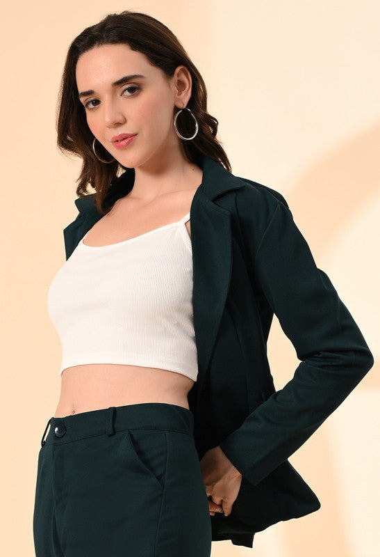 Green Solid Twill Blend Blazer with Cami