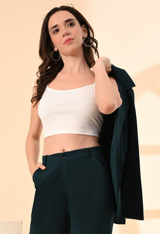 Green Solid Twill Blend Blazer with Cami