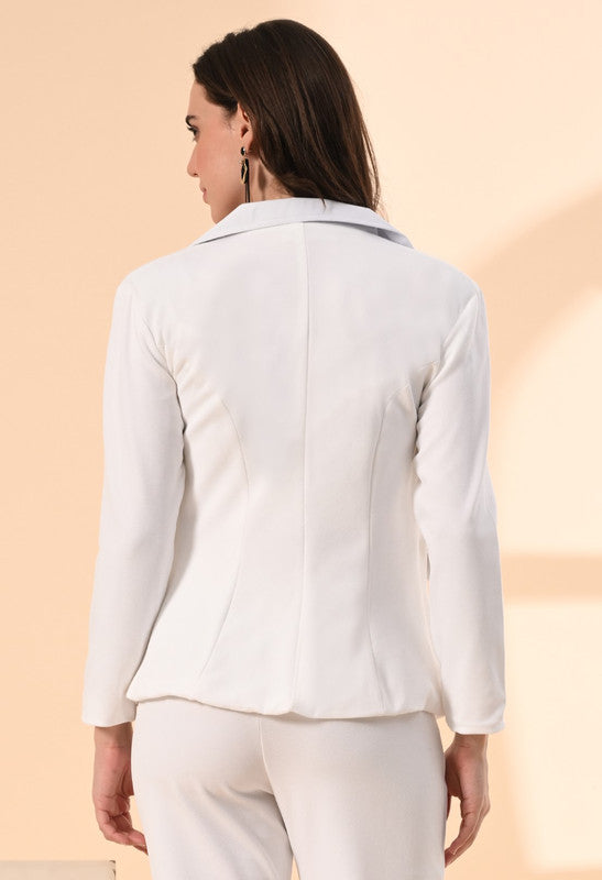 White Solid Twill Blend Blazer with Cami