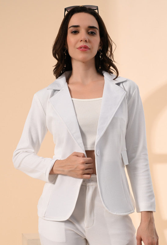 White Solid Twill Blend Blazer with Cami