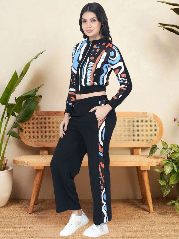 Printed black cropped jacket and pants
