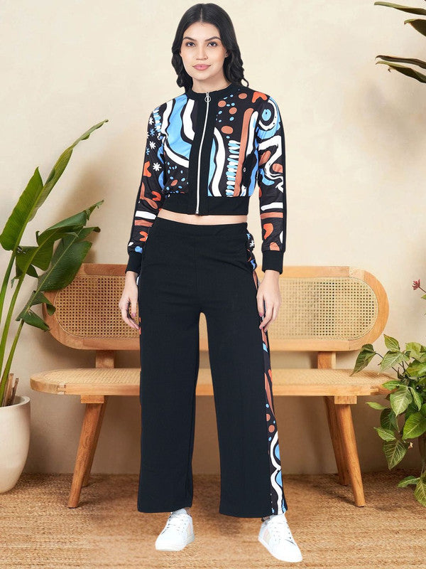 Printed black cropped jacket and pants