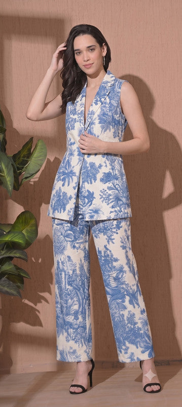 Blue and White Scenic Printed Co-ord Set with Sleeveless Shrug