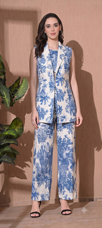 Blue and White Scenic Printed Co-ord Set with Sleeveless Shrug