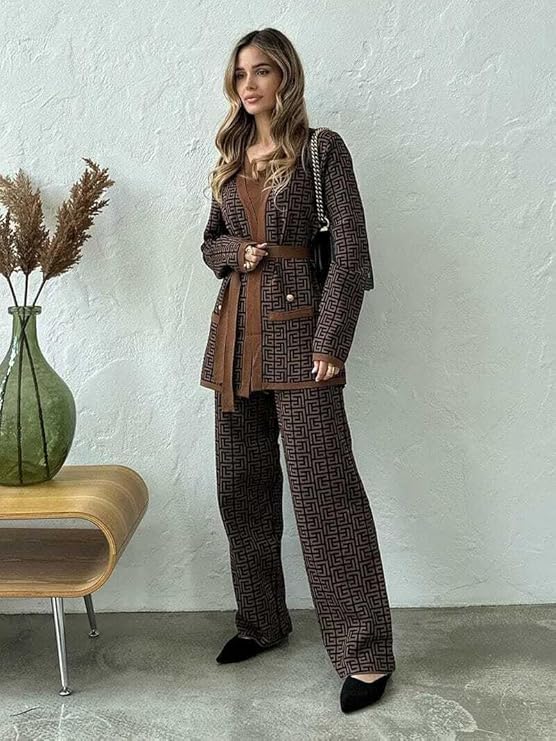 3-Piece Brown Geometric Printed Co-Ord Set