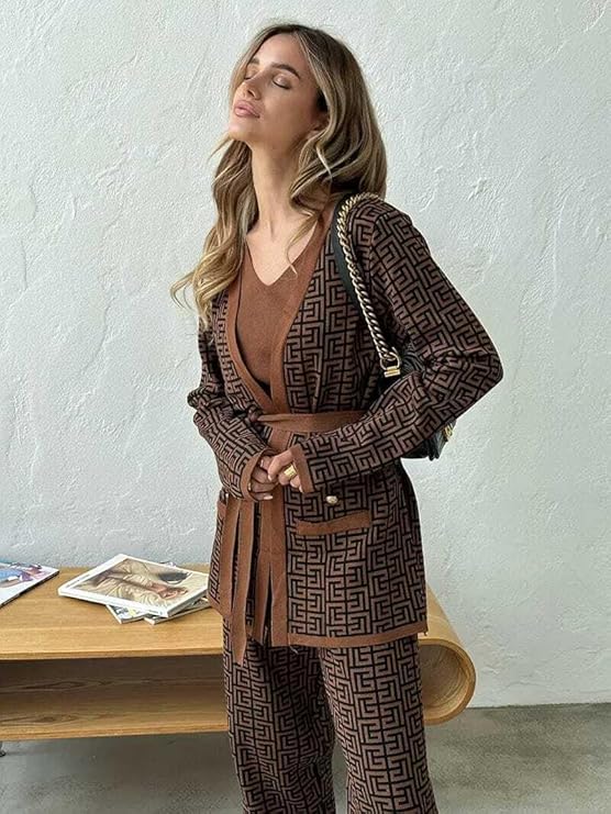 3-Piece Brown Geometric Printed Co-Ord Set