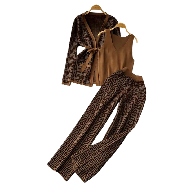Brown Zig Zag Printed Co-Ord Set with Strap and Cami Top