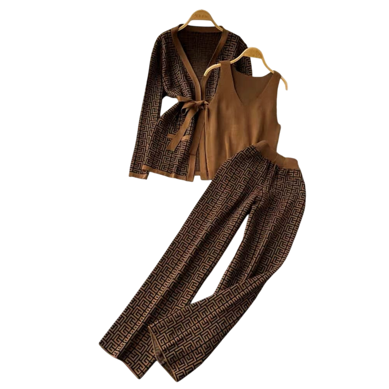 Brown Zig Zag Printed Co-Ord Set with Strap and Cami Top