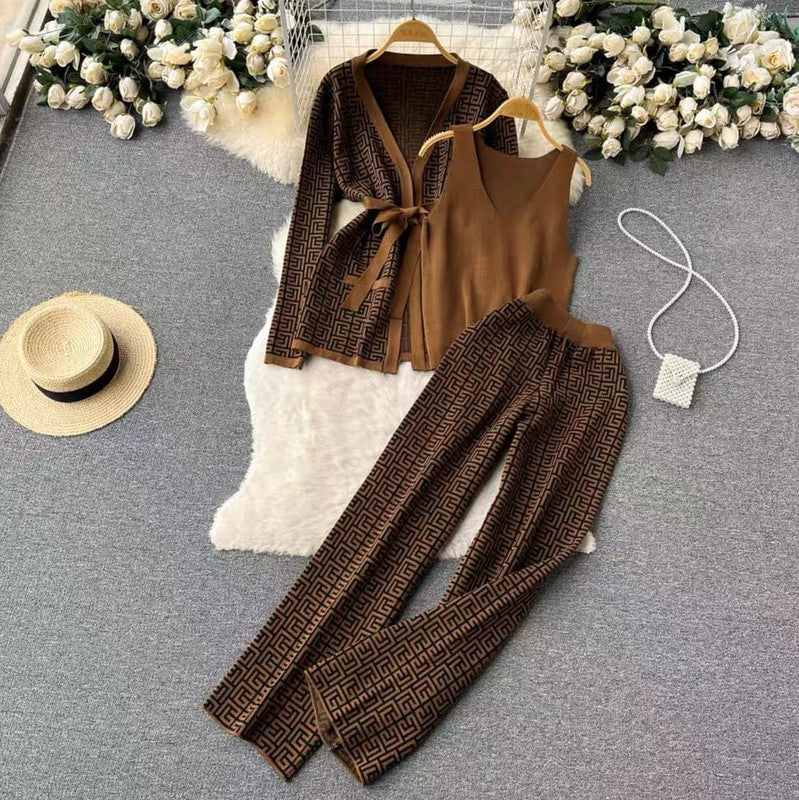 Brown Zig Zag Printed Co-Ord Set with Strap and Cami Top