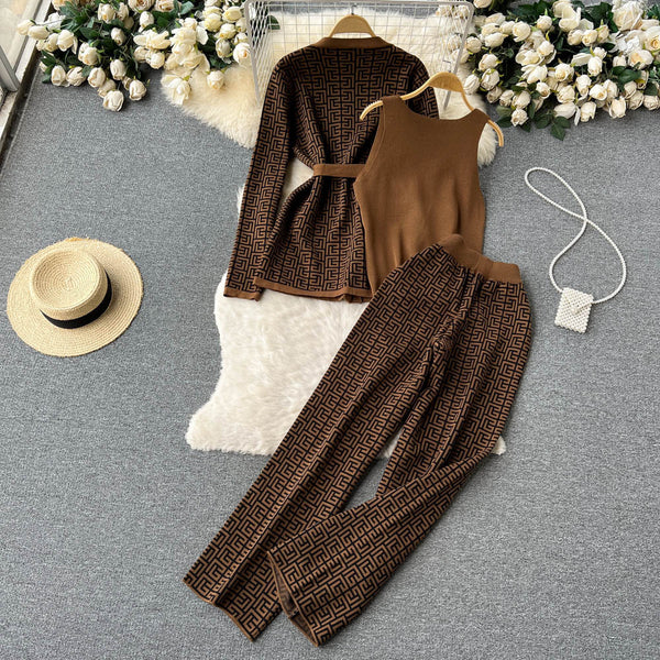 Brown Zig Zag Printed Co-Ord Set with Strap and Cami Top
