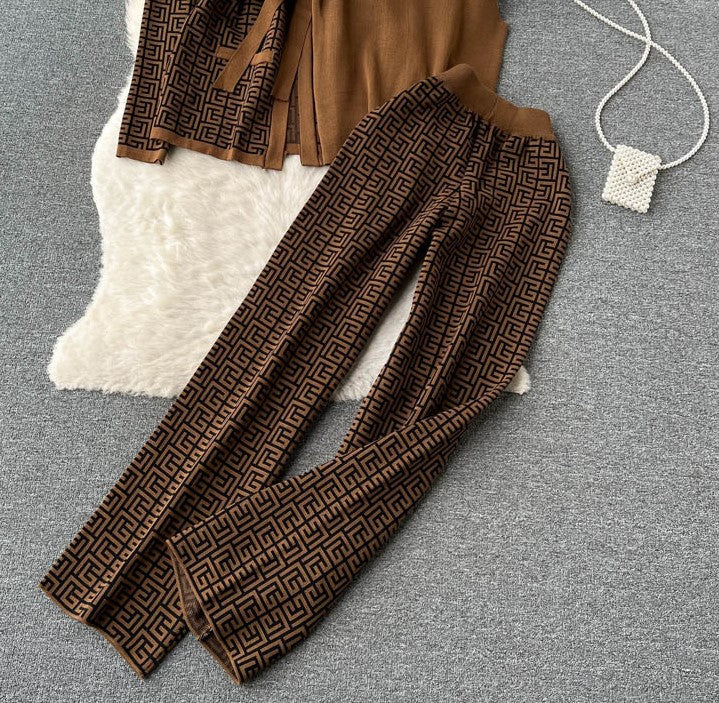 Brown Zig Zag Printed Co-Ord Set with Strap and Cami Top