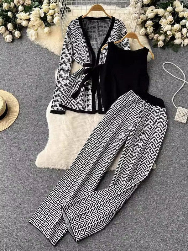 White Zig Zag Printed Co-Ord Set with Strap and Cami Top