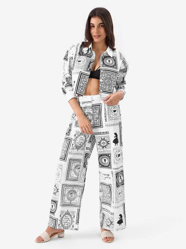 Black & White Artistic Printed Co-ord Set with Collared Crop Top