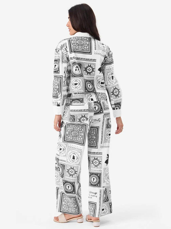 Black & White Artistic Printed Co-ord Set with Collared Crop Top