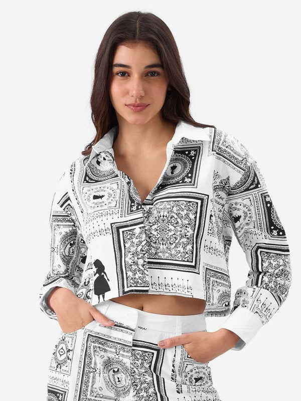 Black & White Artistic Printed Co-ord Set with Collared Crop Top