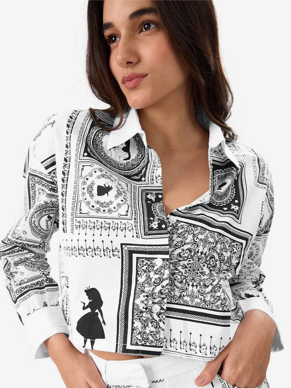 Black & White Artistic Printed Co-ord Set with Collared Crop Top