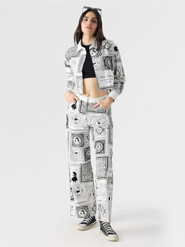 Black & White Artistic Printed Co-ord Set with Collared Crop Top