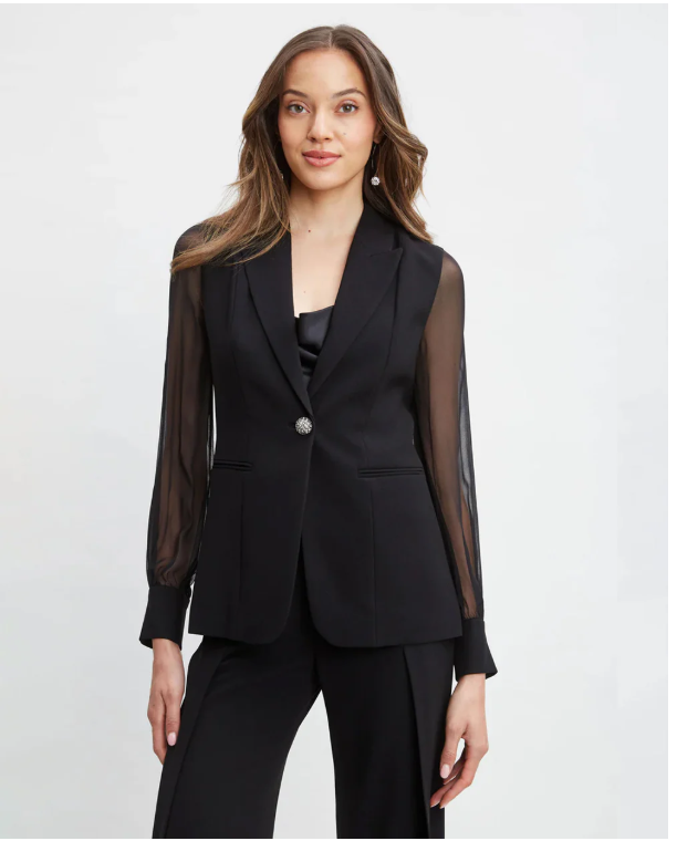 Women’s Black Blazer Co-Ord Set with Sheer Full Sleeves Top & Wide Leg Trousers | Elegant 2 Piece Formal Outfit | Stylish Office, Party & Casual Wear