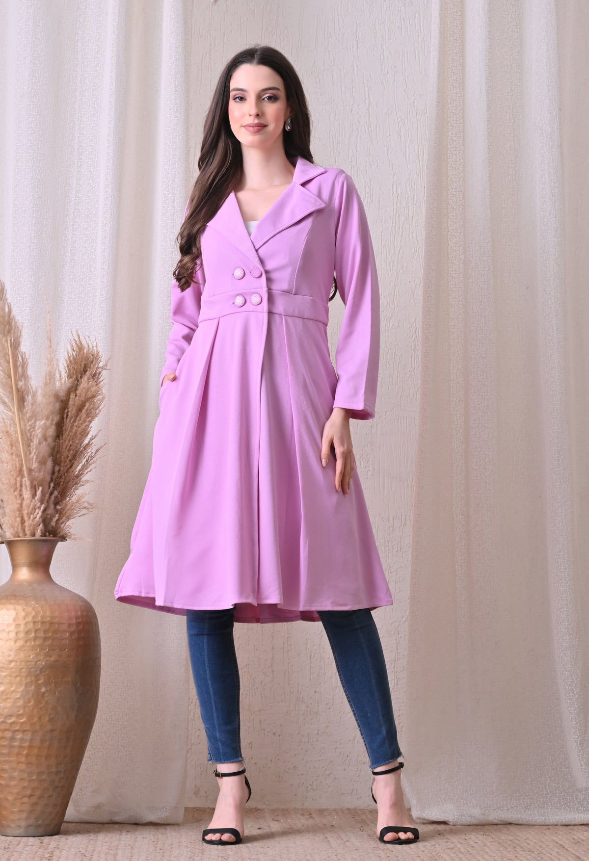 Women’s Lavender Coat Style Dress | Long Sleeve Blazer Dress with Lapel Collar & Button Detail | Flared Formal Office Wear Dress | Knee Length Workwear Dress