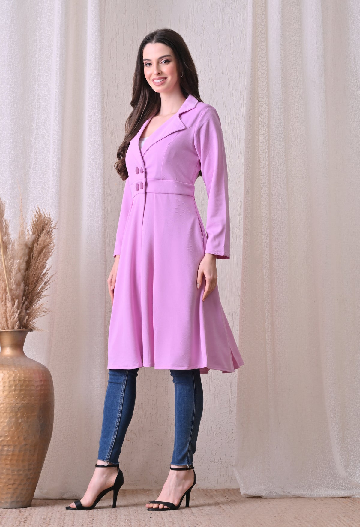 Women’s Lavender Coat Style Dress | Long Sleeve Blazer Dress with Lapel Collar & Button Detail | Flared Formal Office Wear Dress | Knee Length Workwear Dress