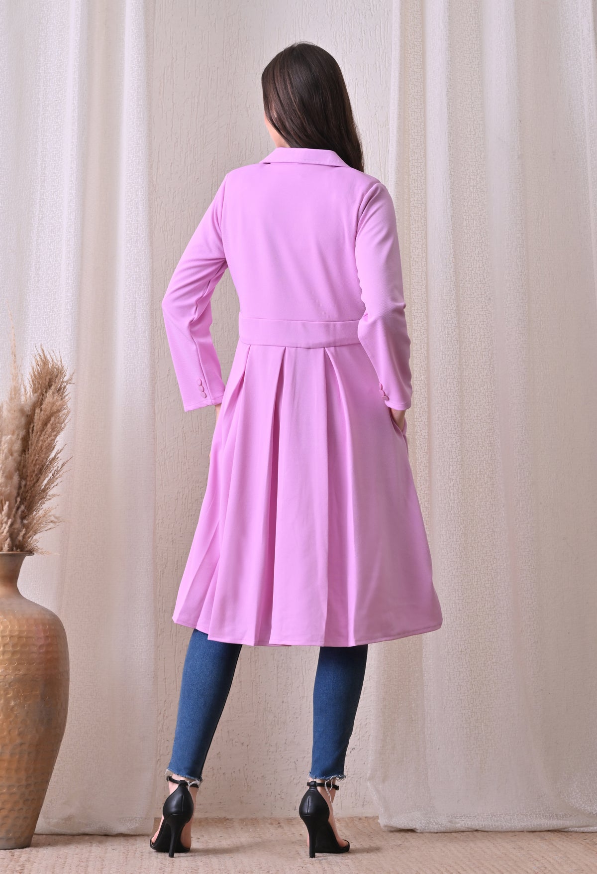 Women’s Lavender Coat Style Dress | Long Sleeve Blazer Dress with Lapel Collar & Button Detail | Flared Formal Office Wear Dress | Knee Length Workwear Dress