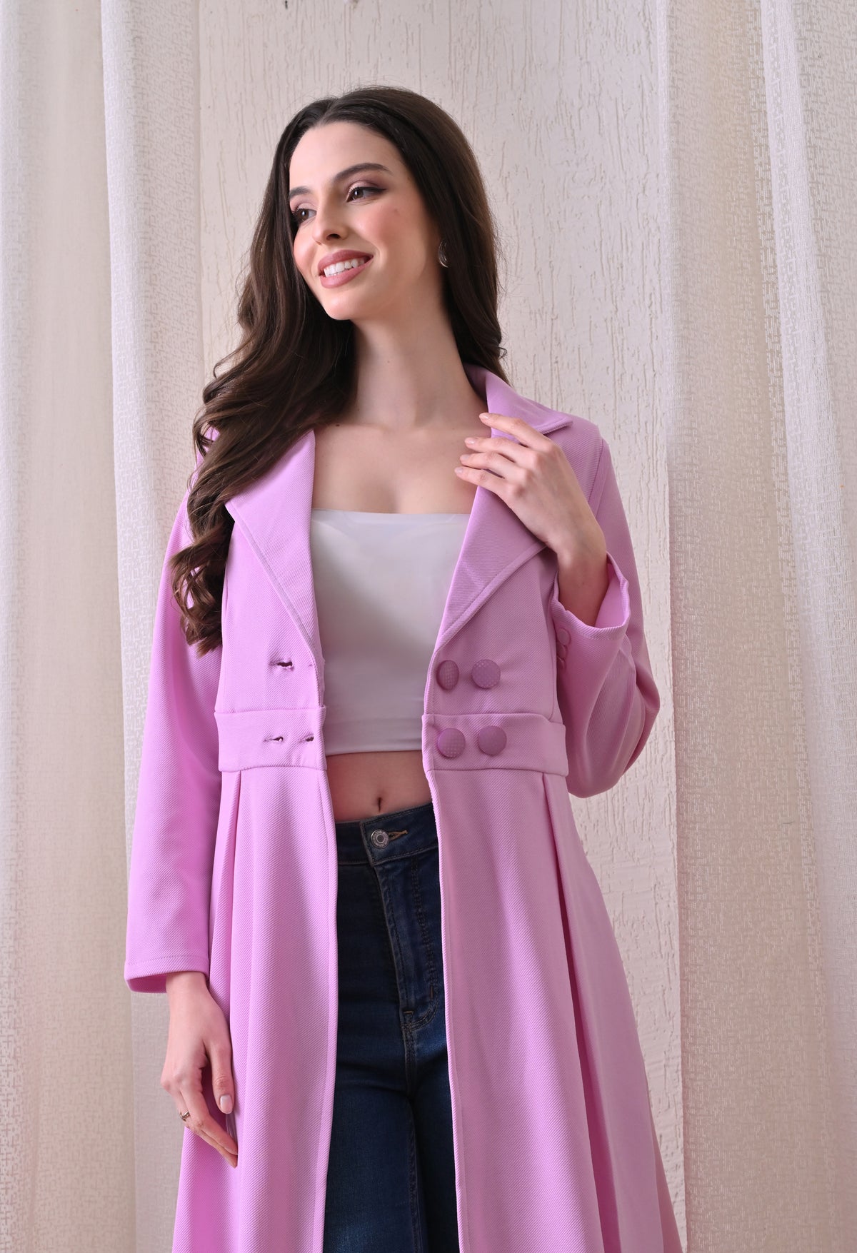 Women’s Lavender Coat Style Dress | Long Sleeve Blazer Dress with Lapel Collar & Button Detail | Flared Formal Office Wear Dress | Knee Length Workwear Dress