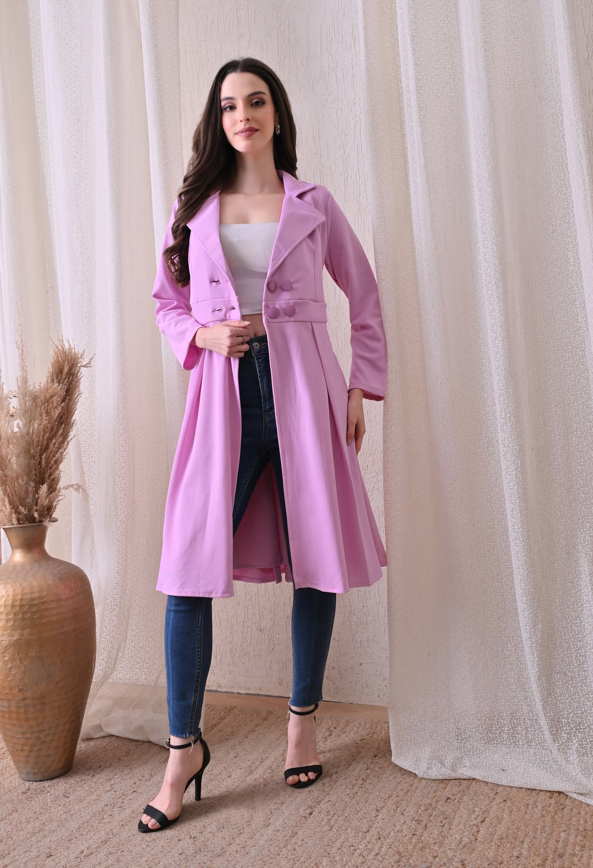 Women’s Lavender Coat Style Dress | Long Sleeve Blazer Dress with Lapel Collar & Button Detail | Flared Formal Office Wear Dress | Knee Length Workwear Dress