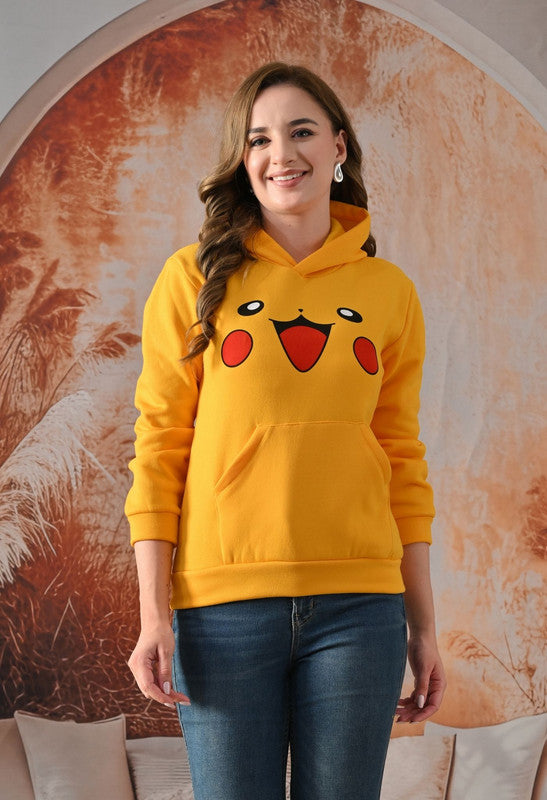 Yellow Cartoon Printed Fleece Hoodie