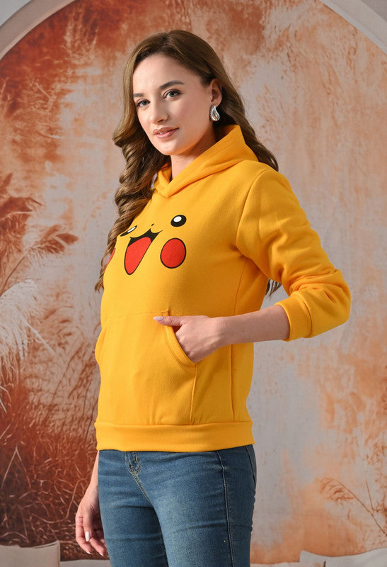 Yellow Cartoon Printed Fleece Hoodie