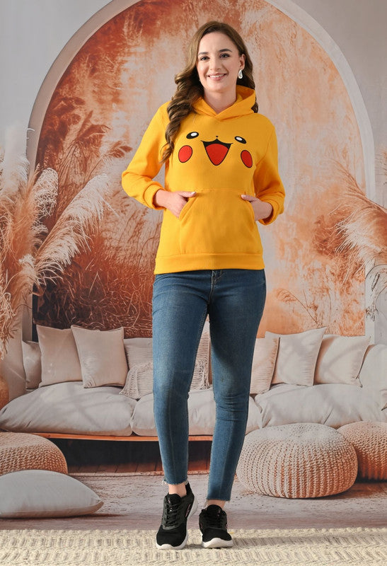 Yellow Cartoon Printed Fleece Hoodie