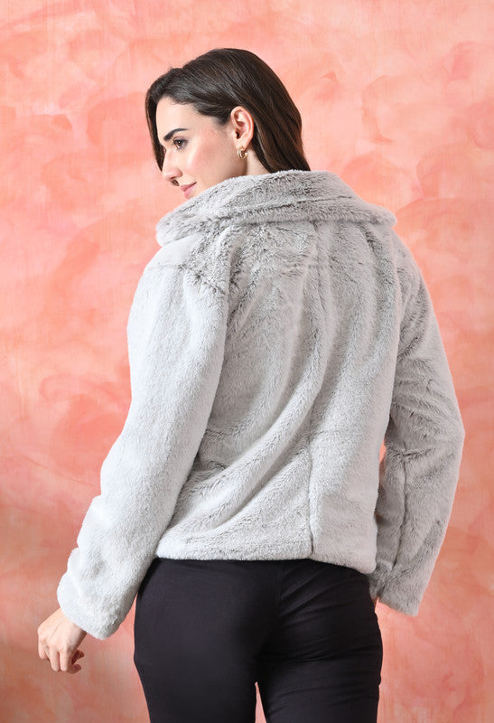 Faux Fur Winter Jacket Notched Lapel Light Brown