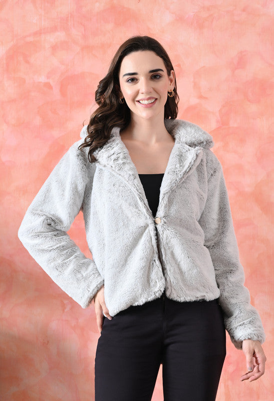 Faux Fur Winter Jacket Notched Lapel Light Brown