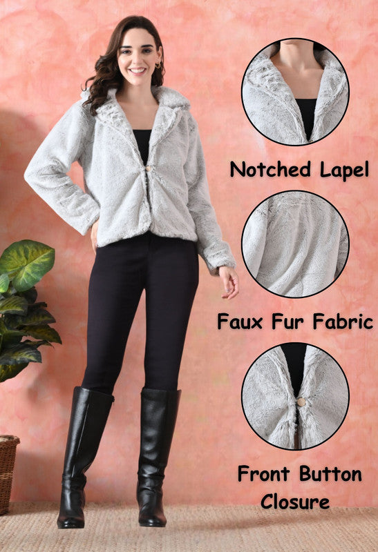 Faux Fur Winter Jacket Notched Lapel Light Brown