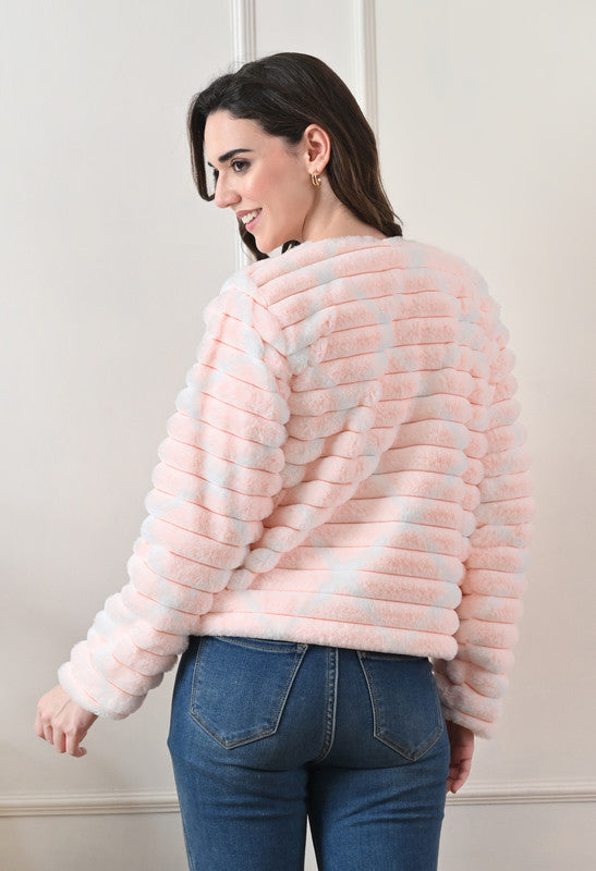 Pink Round Neck Fur Jacket