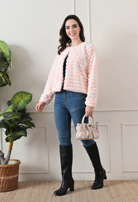 Pink Round Neck Fur Jacket