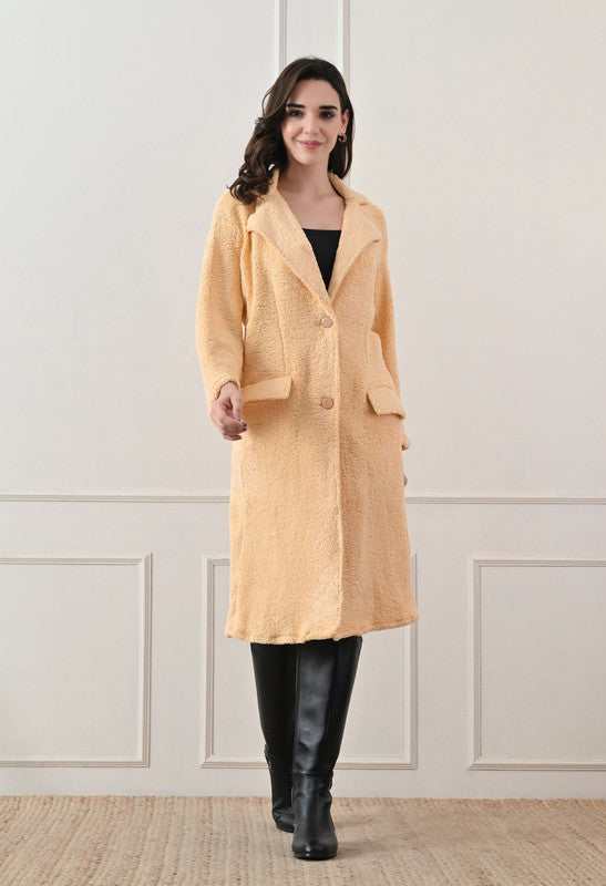 FLEECE LONG COAT Lapel Collar Beige
